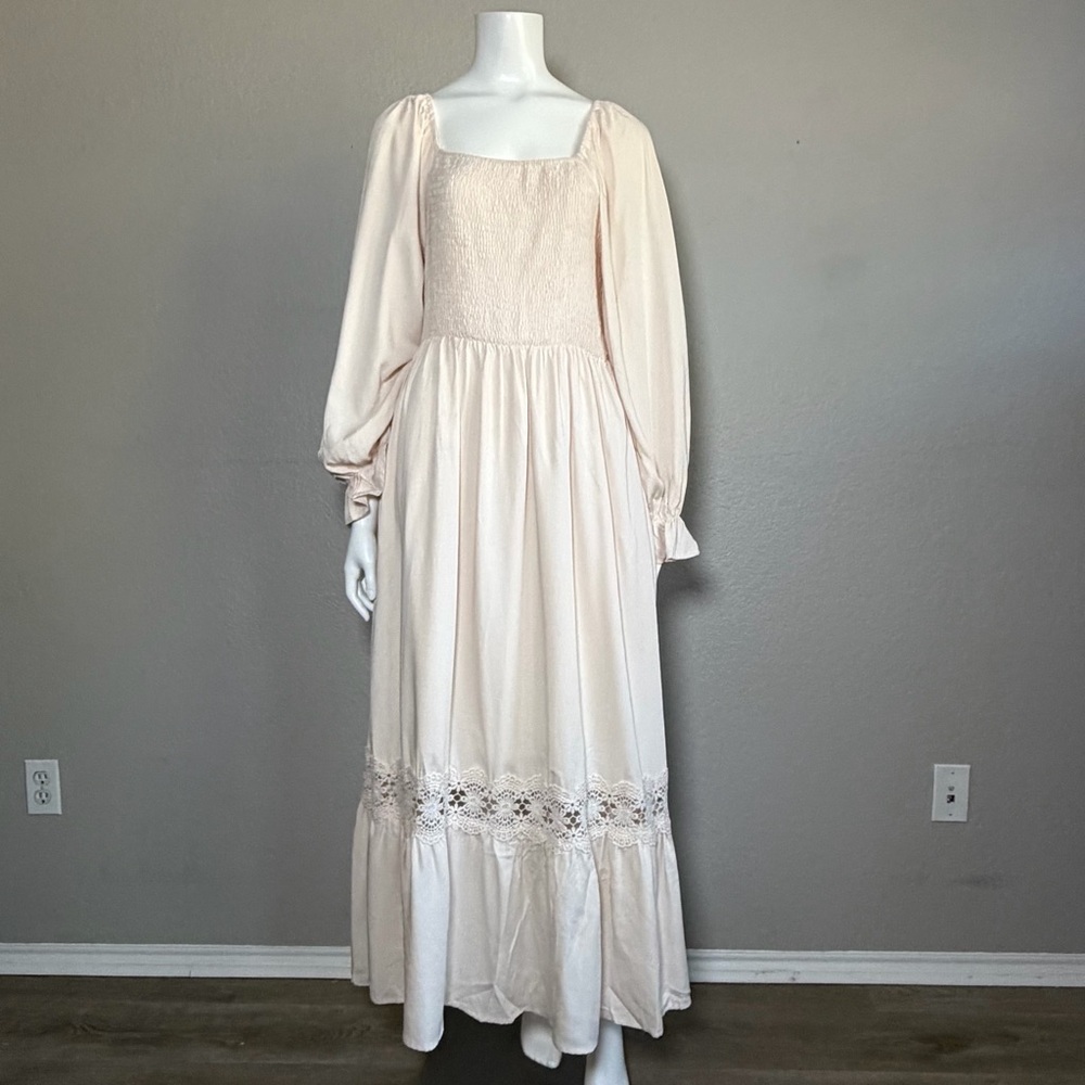 ZESICA Smocked Cottagecore Midi Dress Cream Milkmaid Spring Boho Large - Picture 3 of 9